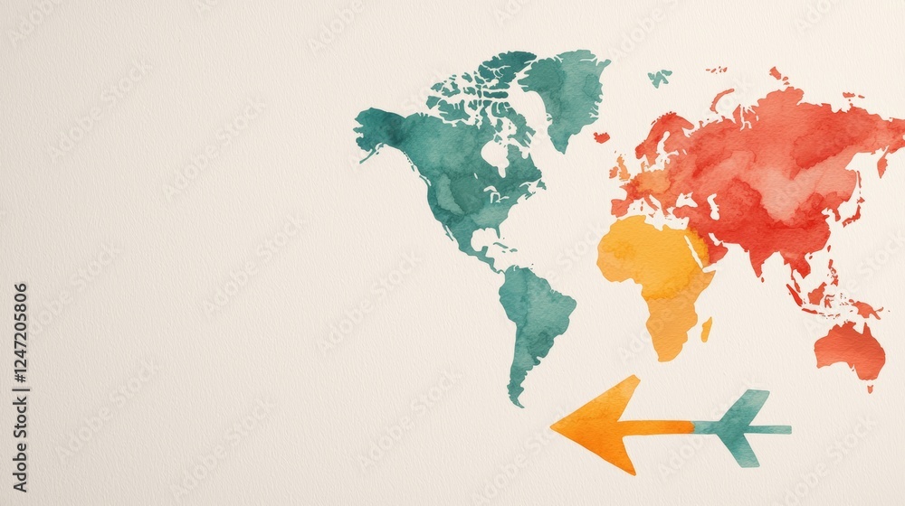 Obraz premium Earth Map in Watercolor Strokes Featuring Vibrant Colors and Stylish Arrow Design