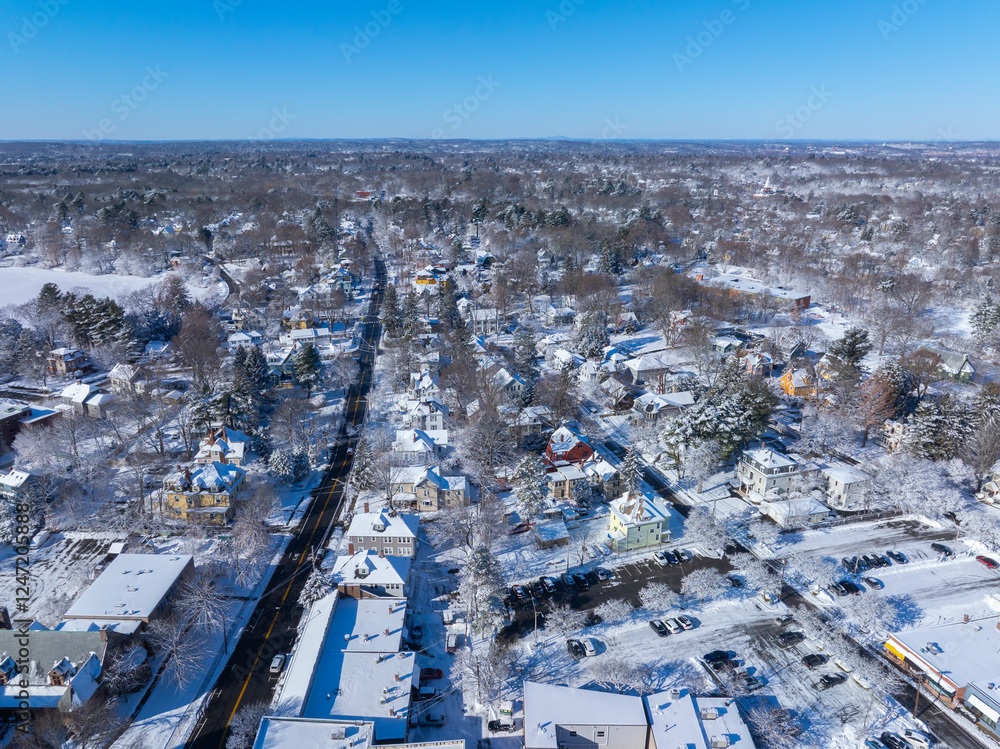 Newton Centre historic village aerial view in winter on top of Centre Green in city of Newton, Massachusetts MA, USA. Newton Centre historic village aerial view in winter on top of Centre Green in city of Newton, Massachusetts MA, USA.