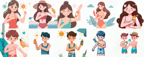 vector set of a person applying sun block in summer