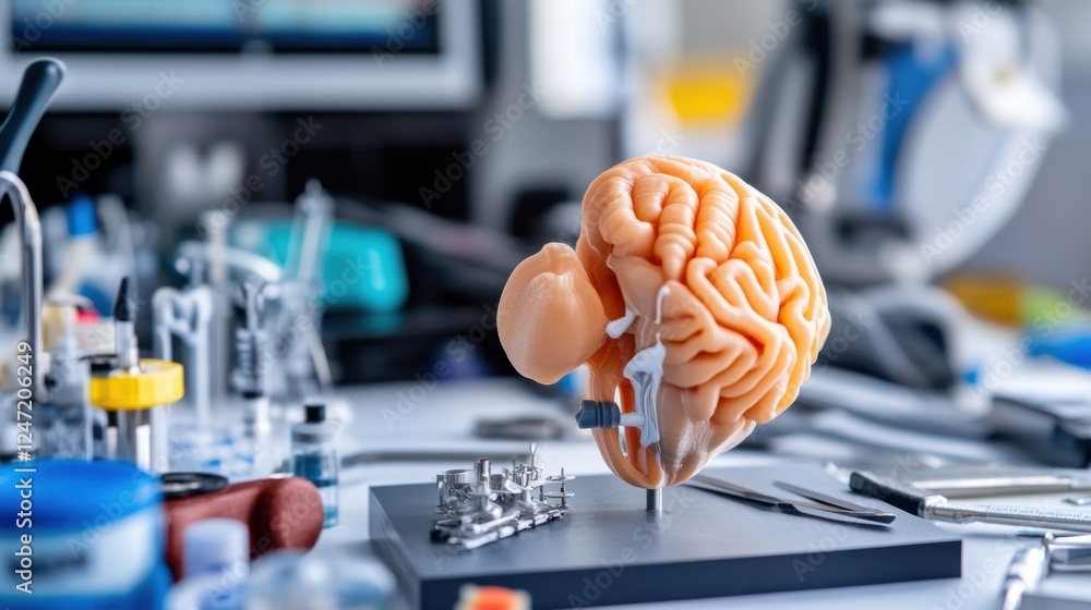 Anatomical brain model displayed on a laboratory table, surrounded by scientific equipment and tools, illustrating a research setting focused on neuroscience and anatomy studies Anatomical brain model displayed on a laboratory table, surrounded by scientific equipment and tools, illustrating a research setting focused on neuroscience and anatomy studies