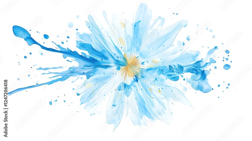 Fototapeta premium A vibrant watercolor splash featuring a blue flower with golden accents, creating an eye-catching artistic effect on a white background.