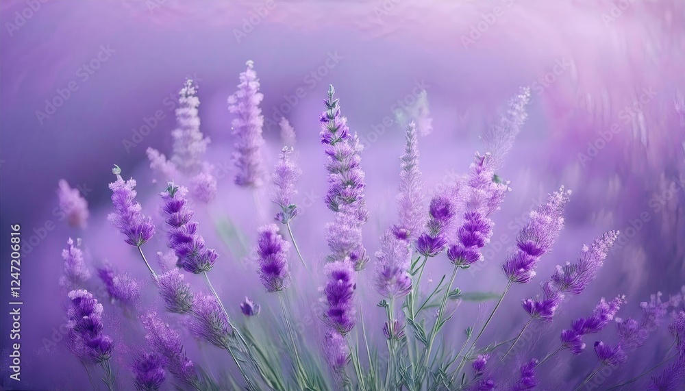 A close-up of a lavender field with soft, dreamy light and purple hues. A close-up of a lavender field with soft, dreamy light and purple hues.