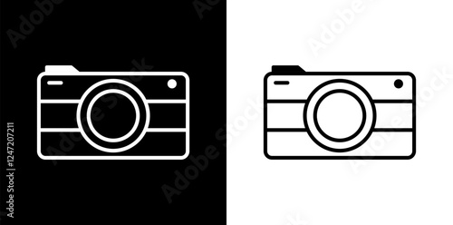 Camera icon set in black and white. Vector camera design with a round lens, perfect for logos, apps, photography branding, and digital projects.