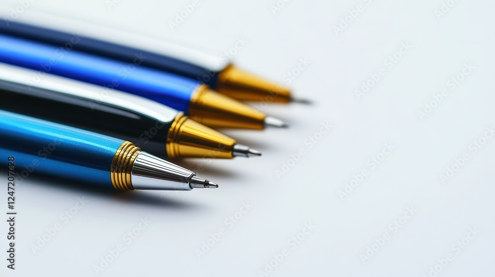 Isolated image of a set of pens on a white surface, ideal for promoting office supplies. Isolated image of a set of pens on a white surface, ideal for promoting office supplies.