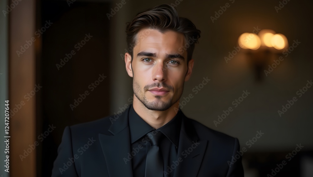 Portrait of young smiling handsome businessman in black suit, copy space Portrait of young smiling handsome businessman in black suit, copy space