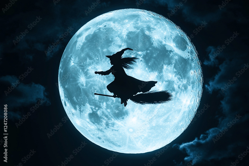 Fototapeta premium Mysterious witch flying across a full moon in a starry night sky