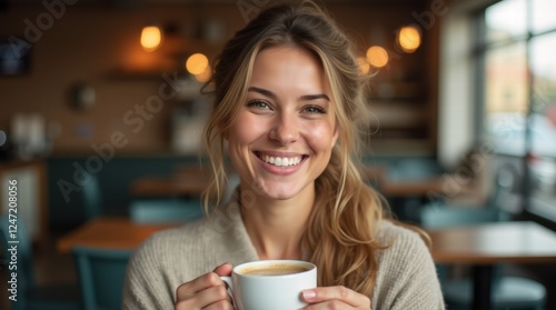 Happy woman with beautiful hairstyle holding cup of coffee in cozy cafe symbolizing relaxation, comfort and contentment