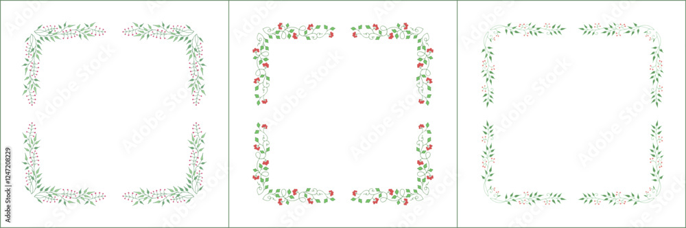 Set of three elegant green vegetal ornamental frames with red flowers and small berries, decorative border. Isolated vector illustration. Floral frame.
Set of three elegant green vegetal ornamental frames with red flowers and small berries, decorative border. Isolated vector illustration. Floral frame.