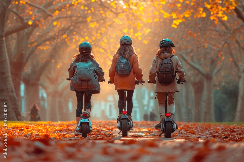 Three joyful kids riding their colorful scooters in the beautiful autumn park setting Three joyful kids riding their colorful scooters in the beautiful autumn park setting
