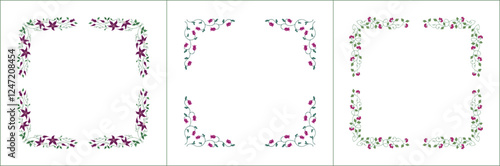 Set of three elegant green vegetal ornamental frames with purple flowers, decorative border. Isolated vector illustration. Floral frame.
