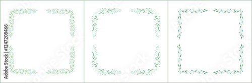 Set of three elegant green vegetal ornamental frames with small blue flowers, bluebells, decorative border. Isolated vector illustration. Floral frame.
