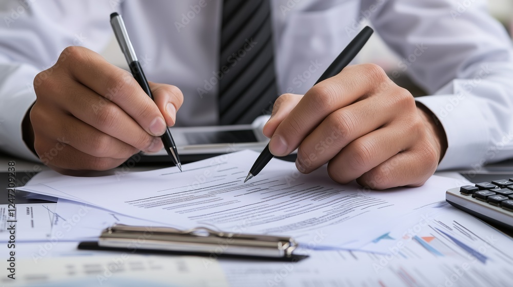 The Pen is Mightier: A close-up of a businessman's hands meticulously reviewing documents with two pens in hand, signifying focus, meticulous attention, and the power of careful consideration. The Pen is Mightier: A close-up of a businessman's hands meticulously reviewing documents with two pens in hand, signifying focus, meticulous attention, and the power of careful consideration.