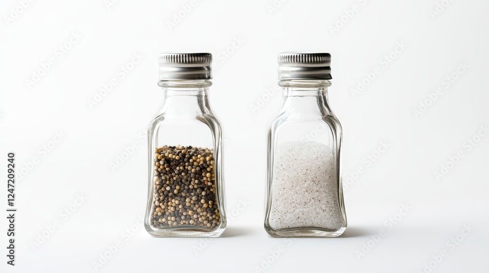 A single salt and pepper shaker set isolated on a clean white surface, ideal for kitchen accessory marketing. A single salt and pepper shaker set isolated on a clean white surface, ideal for kitchen accessory marketing.