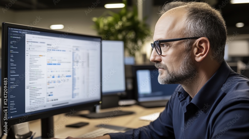 Data Analysis: A man in a blue shirt with glasses intently studies a computer screen filled with graphs, charts, and data. He looks thoughtful and focused. Data Analysis: A man in a blue shirt with glasses intently studies a computer screen filled with graphs, charts, and data. He looks thoughtful and focused.