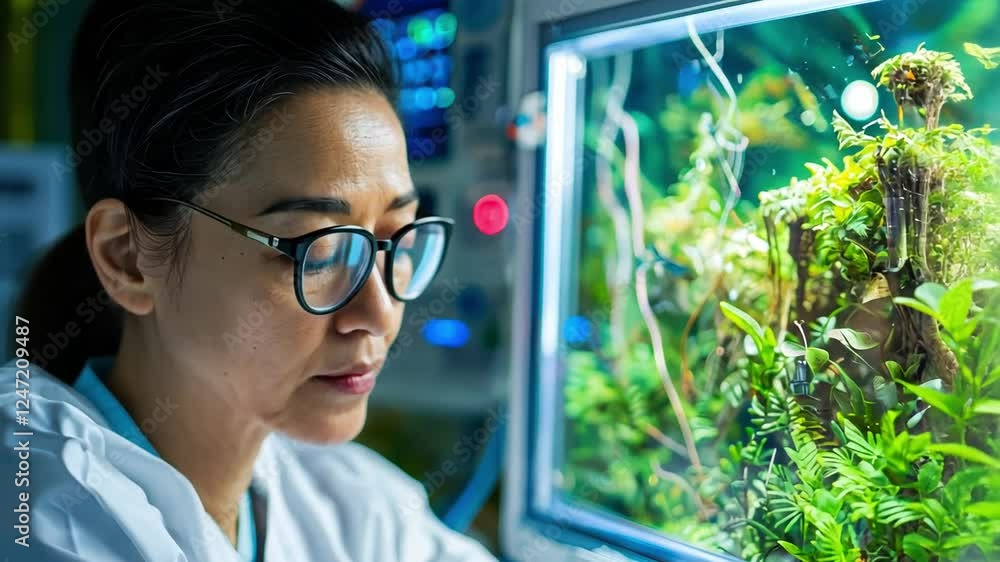 Female Scientist Observing Plant Growth in Laboratory Environment Female Scientist Observing Plant Growth in Laboratory Environment