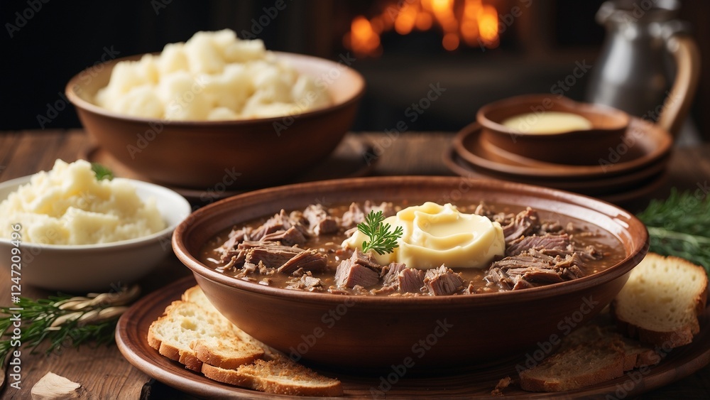 Hearty Stew and Mashed Potatoes Rustic in Earthy Tones representing Cozy Comfort Hearty Stew and Mashed Potatoes Rustic in Earthy Tones representing Cozy Comfort
