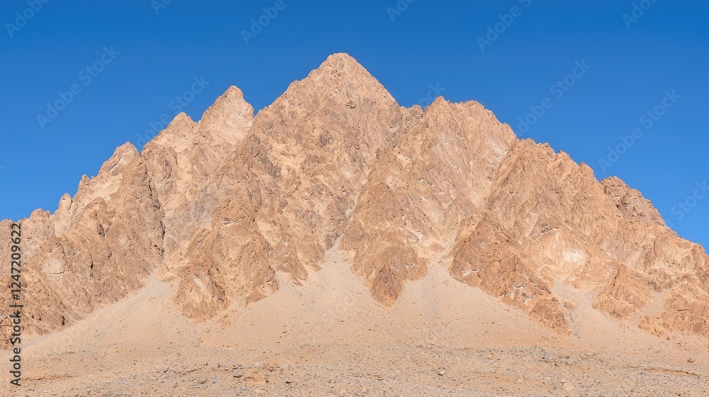 Fototapeta premium Majestic mountain range under clear blue sky, desert landscape, panoramic view, travel poster