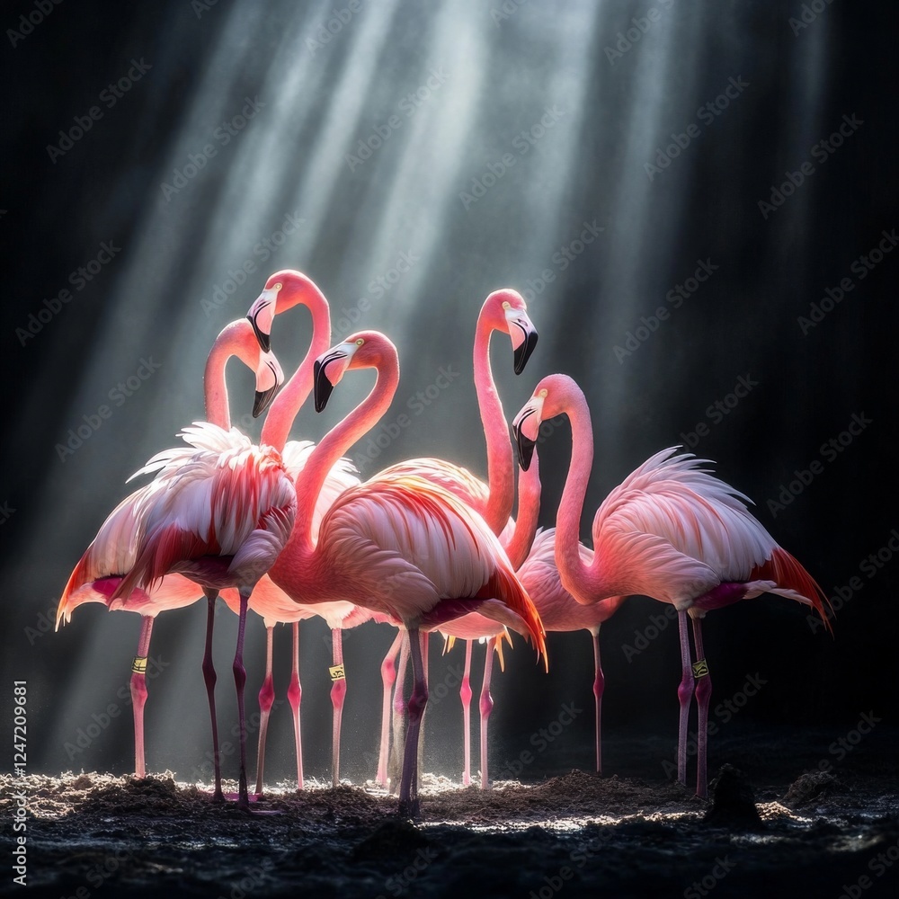 Naklejka premium Pink flamingo group in the dramatic light in oasis 