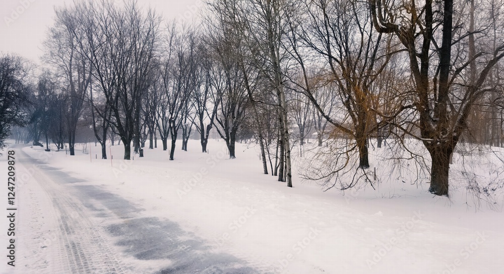 Winter Landscape of a Snow-Covered Road Lined with Bare Trees on a Cold, Foggy Day Winter Landscape of a Snow-Covered Road Lined with Bare Trees on a Cold, Foggy Day
