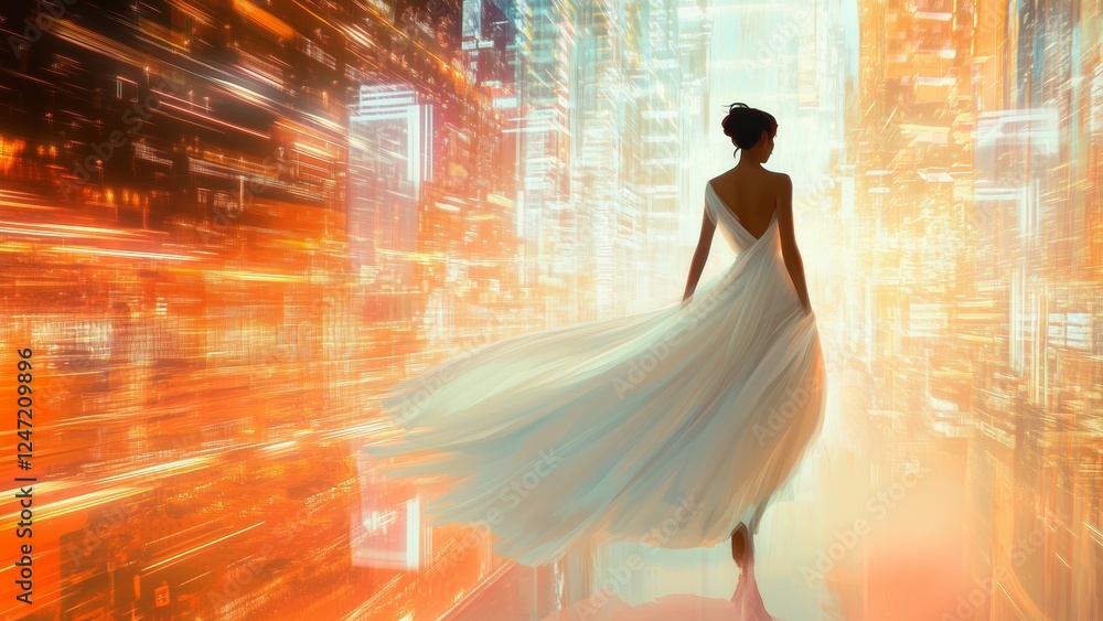 The image shows a graceful woman in a flowing white gown, walking through a futuristic cityscape. The reflections of neon lights highlight her presence as a symbol of progress and resilience The image shows a graceful woman in a flowing white gown, walking through a futuristic cityscape. The reflections of neon lights highlight her presence as a symbol of progress and resilience