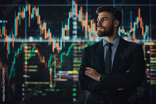 Business man against the background of the stock exchange photo