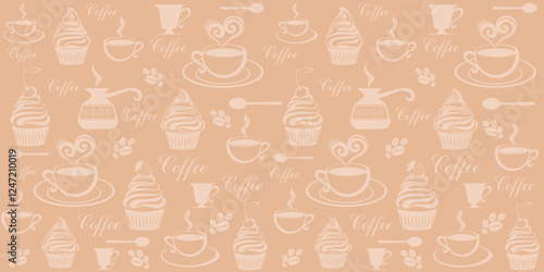 Seamless coffee wallpaper. Vintage restaurant menu. Food and drink seamless doodles pattern. Food and drink pattern. Horizontal Banner. Web banner design. Vector illustration
