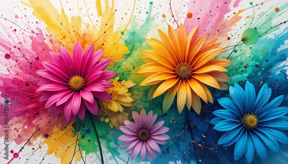 Obraz premium Vibrant watercolor painting of flowers bursting with Holi festival colors—magenta, yellow, green, and blue, symbolizing joy and energy