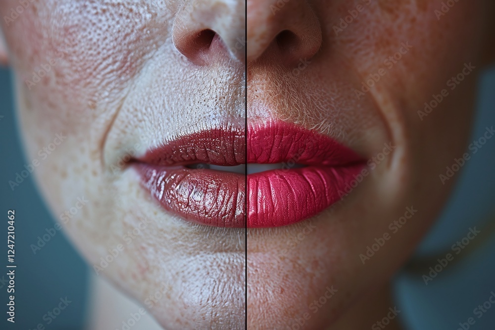 Obraz premium Close-up of a woman’s lips and skin with a before and after effect, dry and moisturized comparison, beauty and skincare concept, cosmetic treatment, high-detail texture, professional macro photography