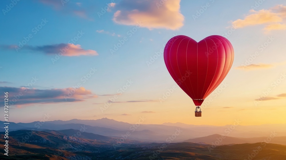 Fototapeta premium Heart Shaped Hot Air Balloon Flying in Sunset Sky - A vibrant heart-shaped hot air balloon floats peacefully in a stunning sunset sky, symbolizing love adventure joy freedom and exploration.