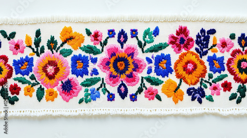 colorful floral embroidery on white fabric with fringed edges. The intricate design features bright flowers in pink, orange, blue, purple, and green, arranged symmetrically photo