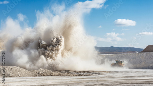 A detonator blast at a construction site disperses limestone dust into the air