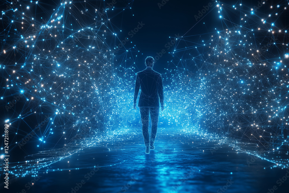 Fototapeta premium Businessman navigating a digital world of bright connections