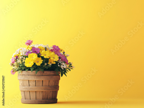 Wallpaper Mural Bright and colorful flower pot with vibrant blooms against yellow background, creating cheerful and uplifting atmosphere. Perfect for spring and summer decor Torontodigital.ca