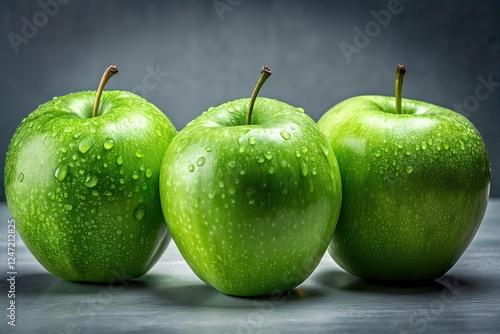 Three Green Apples Rule of Thirds Photography, Still Life, Fruit, Apples, Green, Produce, Nature, Food, Healthy, Fresh, Beautiful, Close-up, High-Quality, Realistic, AI Art, Digital Painting, Photorea photo