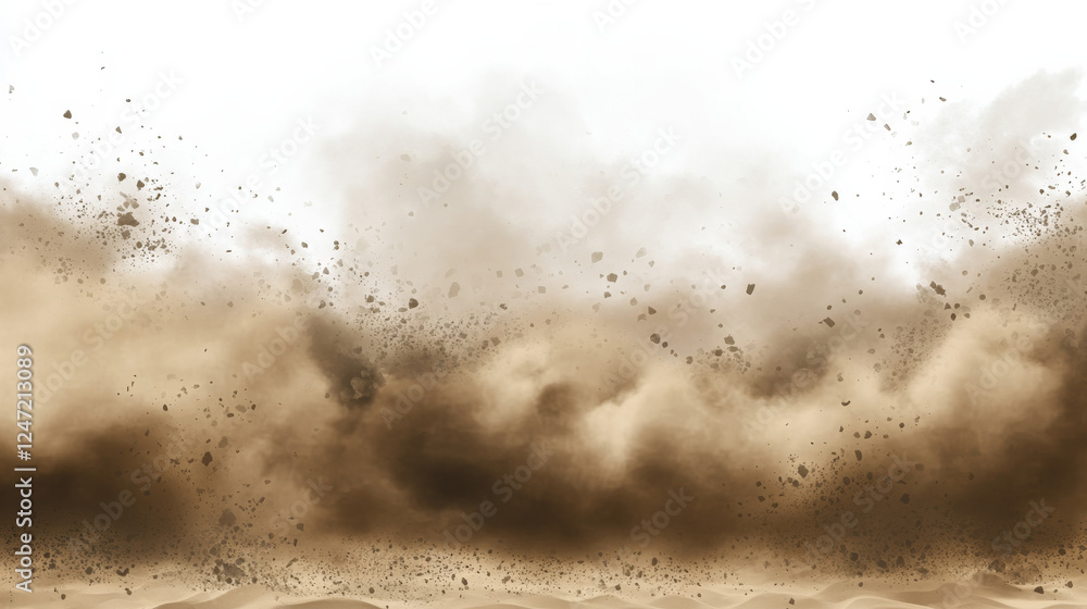 A sandstorm engulfs the area, forming a dense dust cloud with airborne sand, small particles, and stones. Banner-style vector illustration on a transparent background A sandstorm engulfs the area, forming a dense dust cloud with airborne sand, small particles, and stones. Banner-style vector illustration on a transparent background