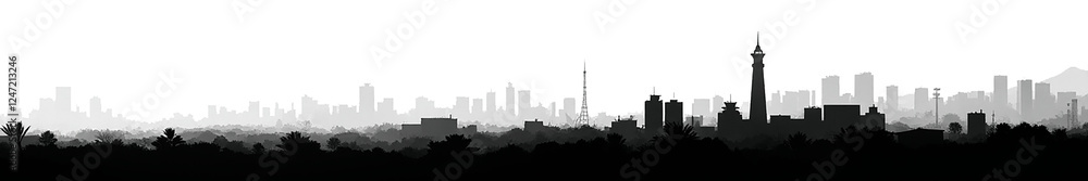 Fototapeta premium A monochromatic silhouette of a city skyline at dusk, showcasing a mix of modern and traditional architecture against a fading light background.