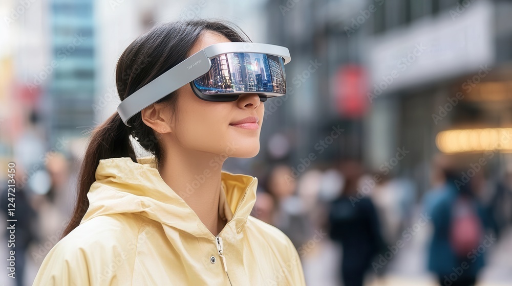 A person wearing augmented reality glasses that provide navigation directions and points of interest, with an immersive digital overlay in a busy urban A person wearing augmented reality glasses that provide navigation directions and points of interest, with an immersive digital overlay in a busy urban