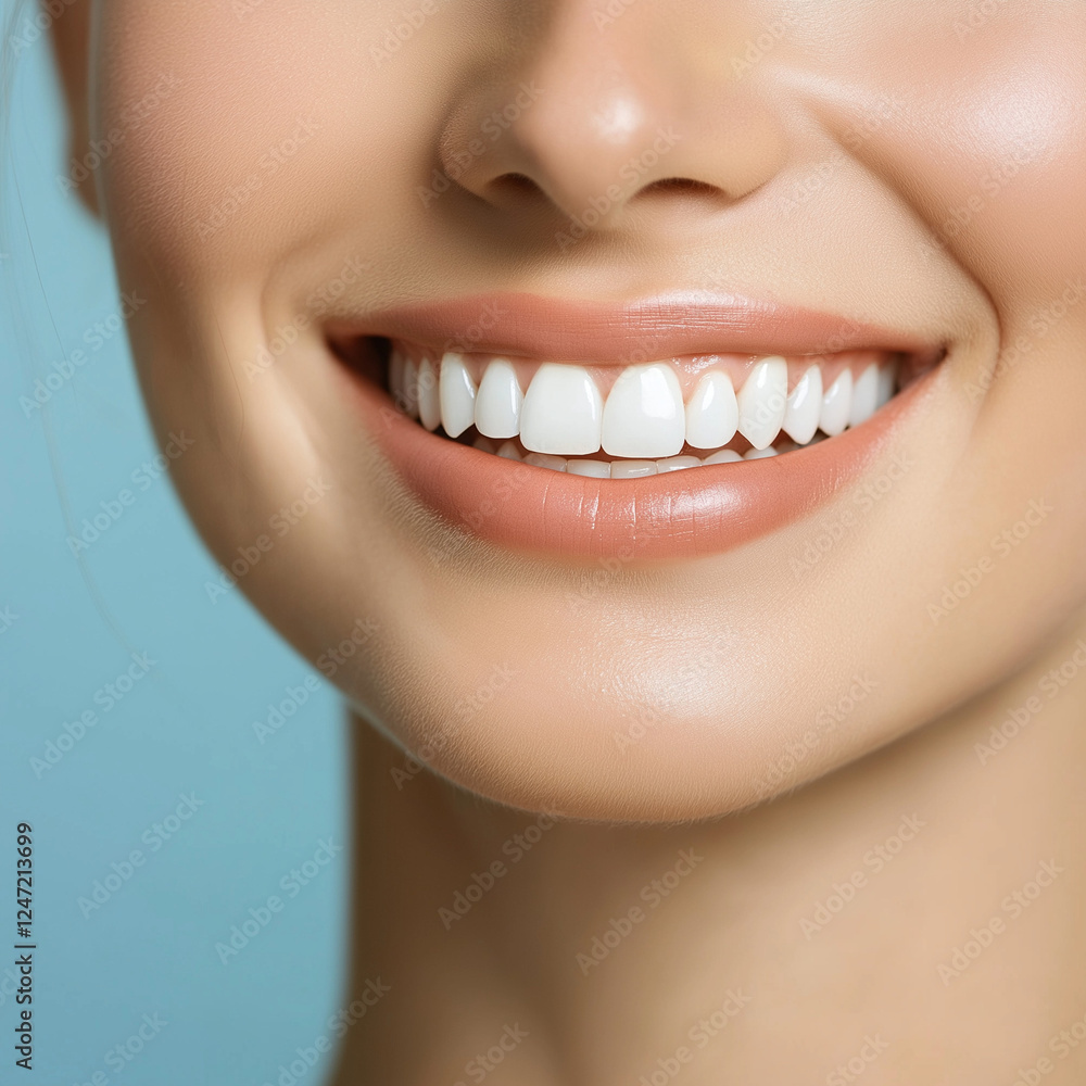 Obraz premium Close-up of a beautiful woman's smiling mouth with white teeth, against a blue background