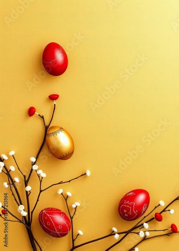 Simple easter theme with golden background red and gold eggs and delicate branches perfect for celebrations and seasonal decor on a stock photo website easter border border easter spring decoration ba photo