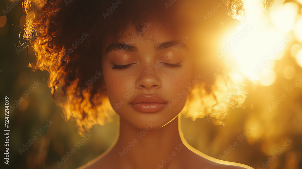 Fototapeta premium Golden backlight creates a genuine portrait of serene beauty in nature