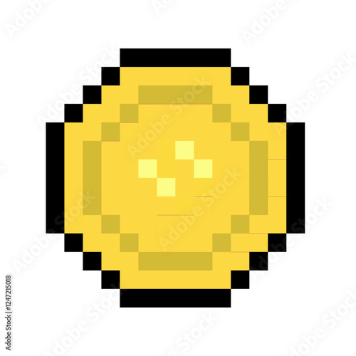  Pixel art gold coin in retro 8-bit style isolated on a white background. Game interface, pixelated life bar and menu button. Button 8 bit pixel