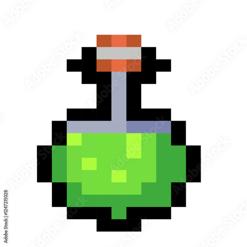 Pixel art green potion bottle in retro 8-bit style isolated on a white background. Game interface, pixelated life bar and menu button. Button 8 bit pixel