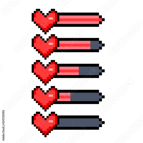 Pixel art heart health bar with decreasing levels in a retro video game style on a white background