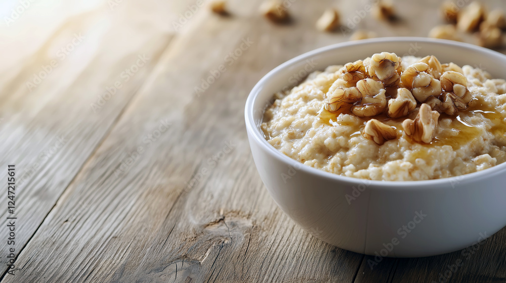 Minimalistic oatmeal presentation with walnuts on wooden table - perfect for breakfast and healthy living. Minimalistic oatmeal presentation with walnuts on wooden table - perfect for breakfast and healthy living.