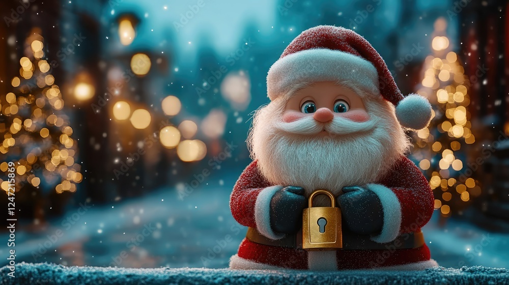 A cheerful Santa Claus holding a padlock in a snowy, festive street scene. A cheerful Santa Claus holding a padlock in a snowy, festive street scene.