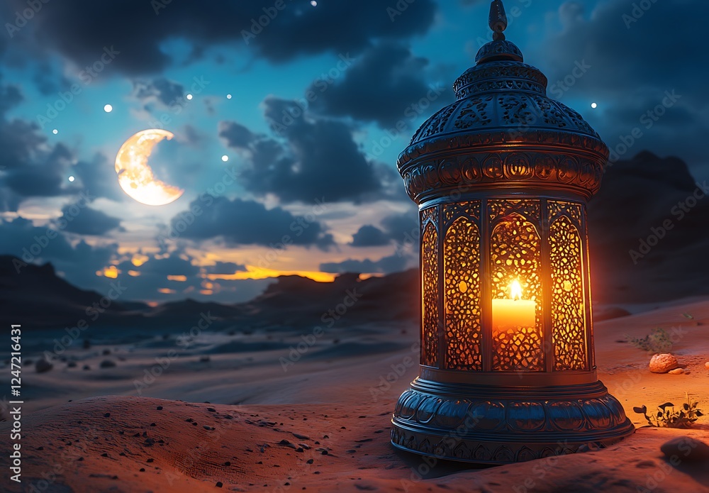 Ornate Lantern Glowing in a Desert Landscape Under a Starry Night and Crescent Moon
Ornate Lantern Glowing in a Desert Landscape Under a Starry Night and Crescent Moon