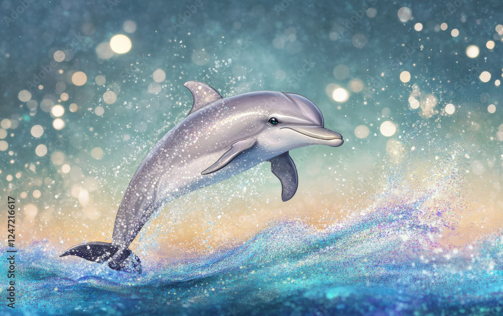 Fototapeta premium playful dolphin leaps through sparkling ocean waves, creating joyful scene filled with vibrant colors and shimmering water droplets