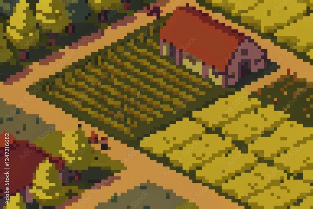 Fototapeta premium Pixel art farm landscape with red roof barn and crop fields.