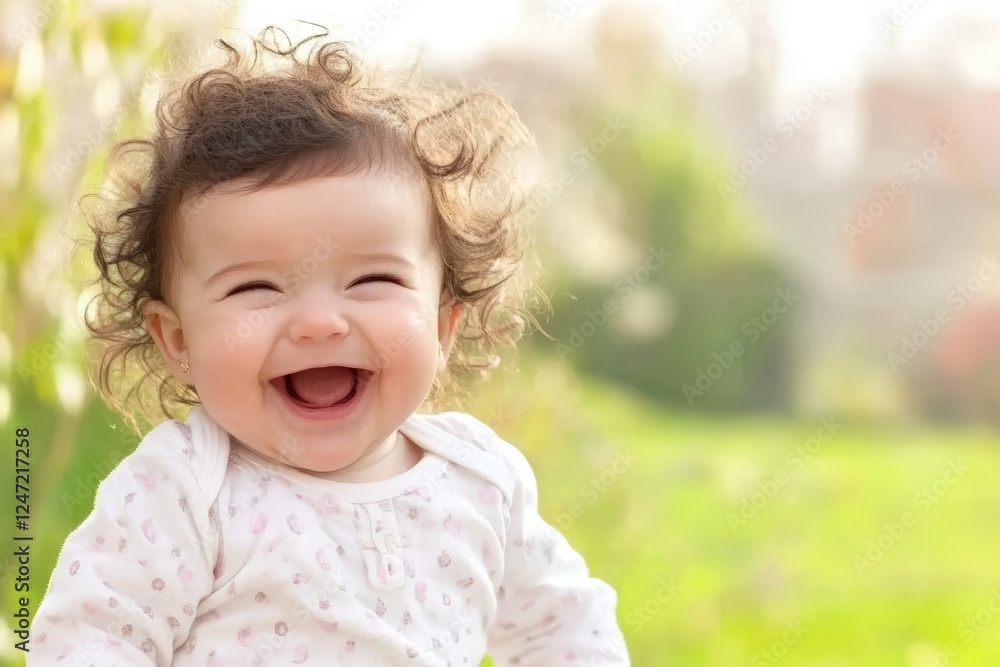 Happy baby girl with curly hair sitting outdoors on a sunny day in a green park