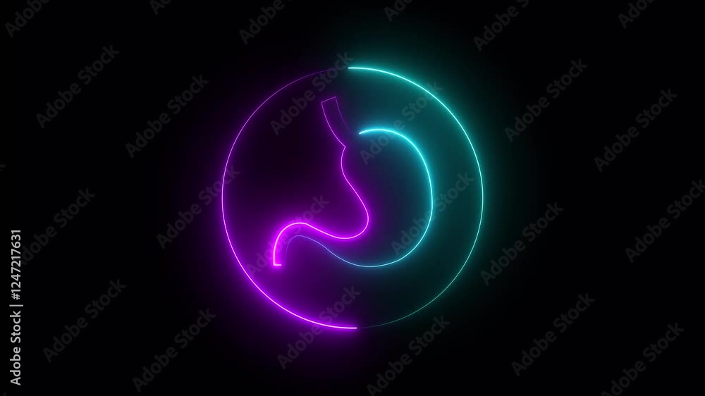 Neon Human Digestive System Stomach icon animation with black background. Neon Human Digestive System Stomach icon animation with black background.